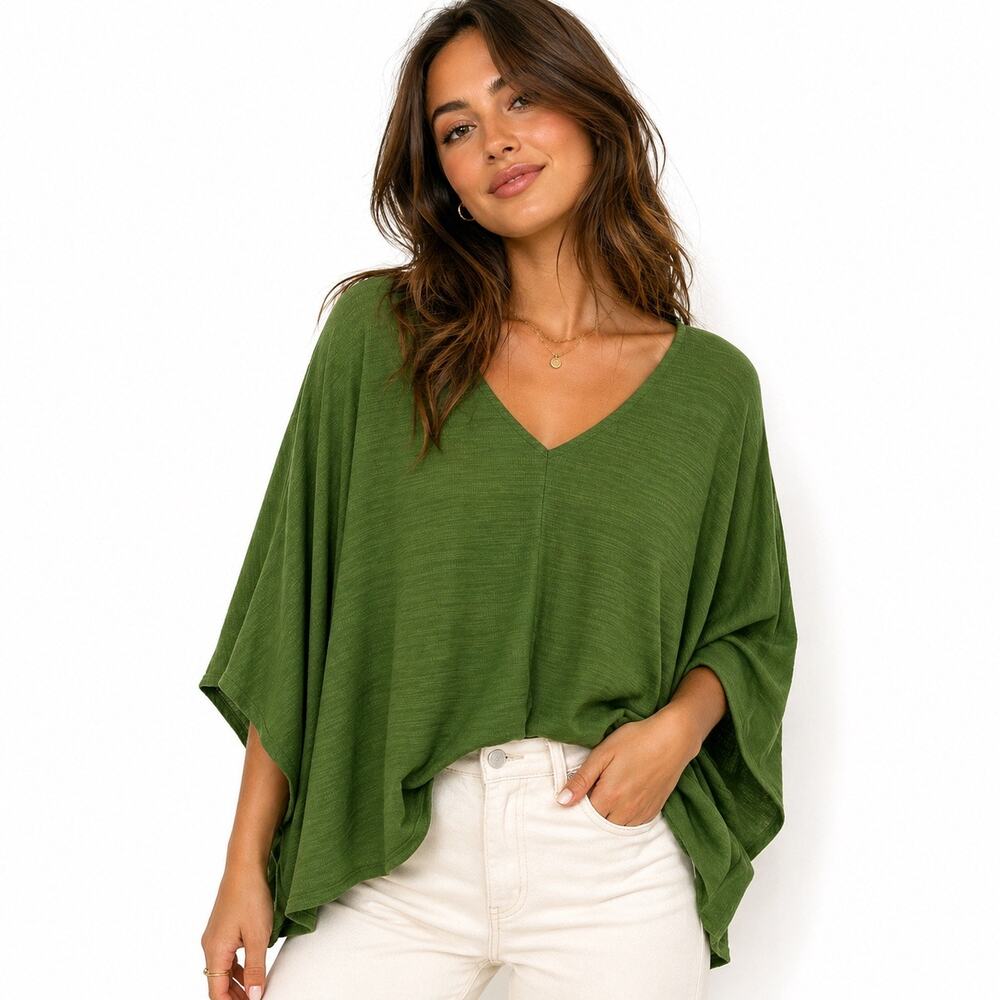 Laurie Felt Olive Green Textured Oversized V-Neck Top | M/L Boho Relaxed Fit